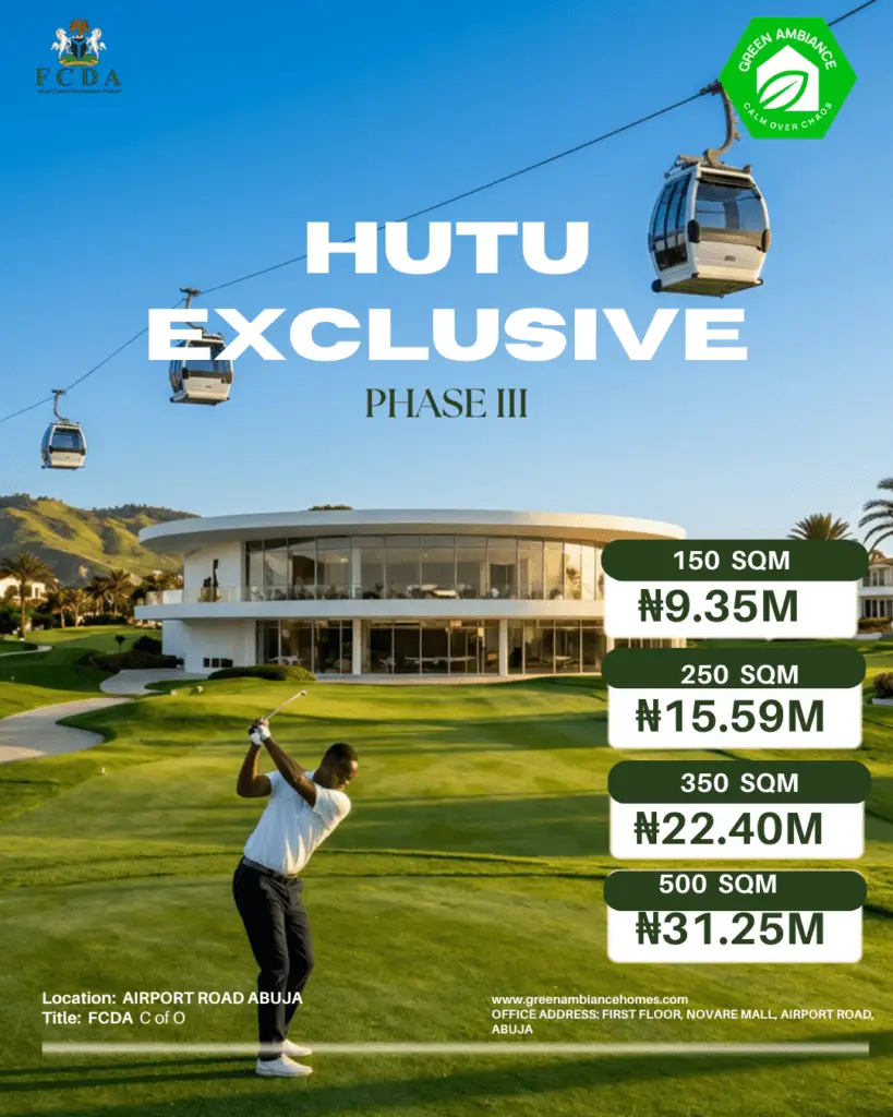 HUTU EXCLUSIVE Phase III luxury estate development on Airport Road Abuja featuring FCDA C of O titled plots and premium lifestyle amenities.