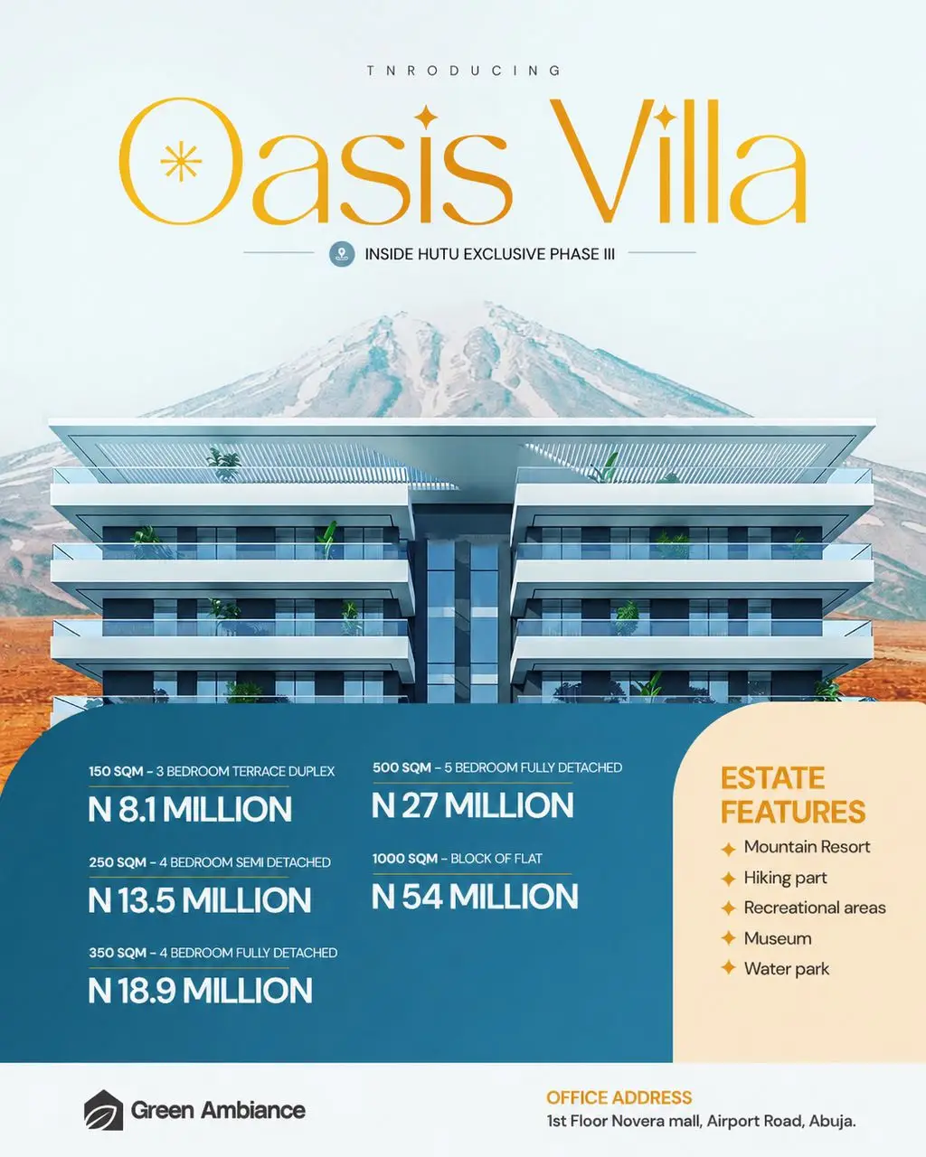 Oasis Villa price list flyer showing available plot sizes, prices, payment plans, and key estate features in OASIS VILLA, HUTU Exclusive III, Abuja.