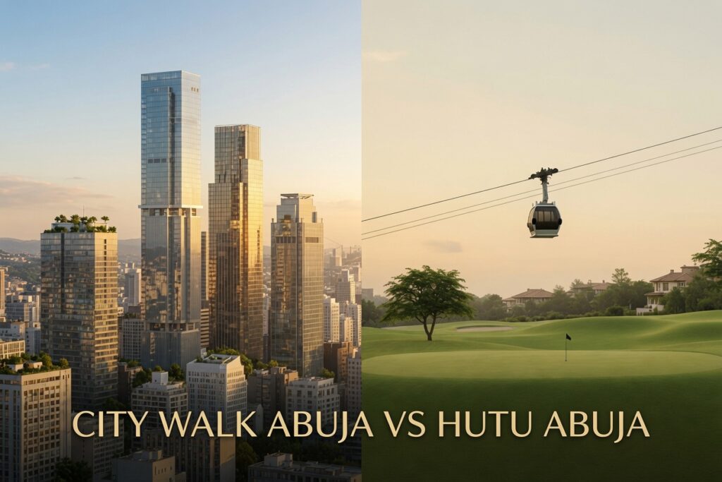 HUTU Abuja premium residential estate with golf course beside City Walk Abuja skyline