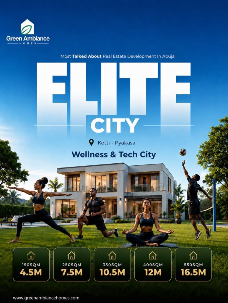 Elite City Wellness & Tech City in Ketti–Pyakasa, Abuja, with plot prices from ₦4.5 million for 150 sqm.